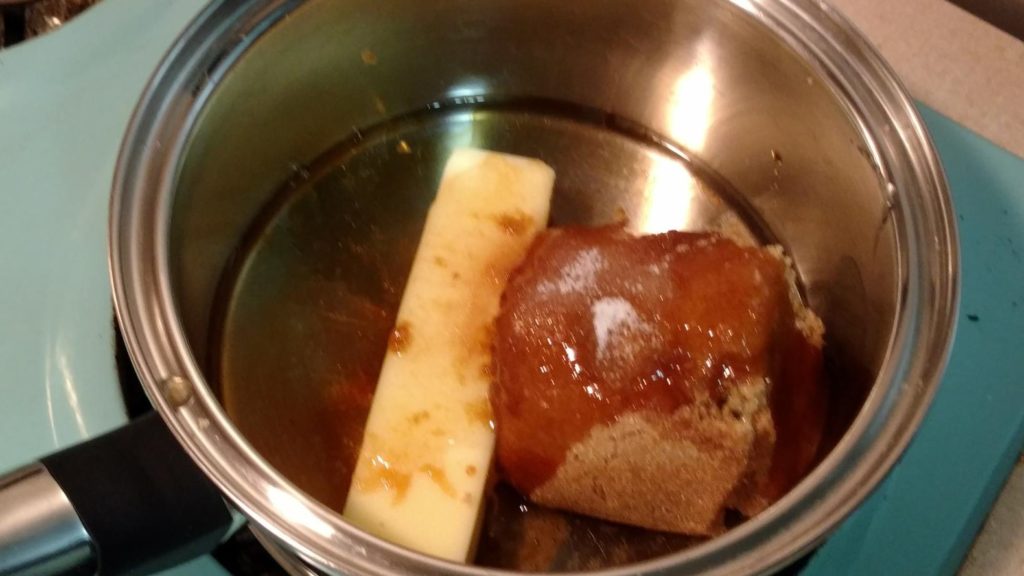 Melt the brown sugar, Karo Syrup, butter and salt together